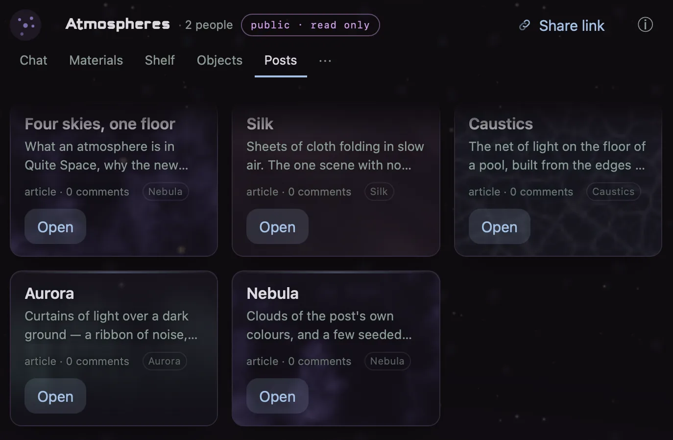 the Atmospheres space: one post per sky, with its recipe